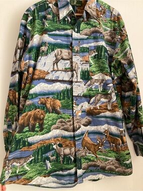 VTG 90’s Wolf River Animal Print Wildlife Ling Sleeve Button Down Shirt, Sz XL